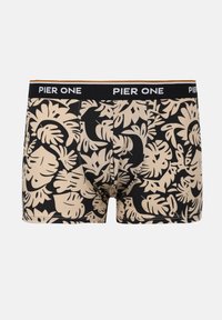 Herre boxer shorts med sort og beige tropisk bladmønster og sort linning med hvid "PIER ONE"-branding.