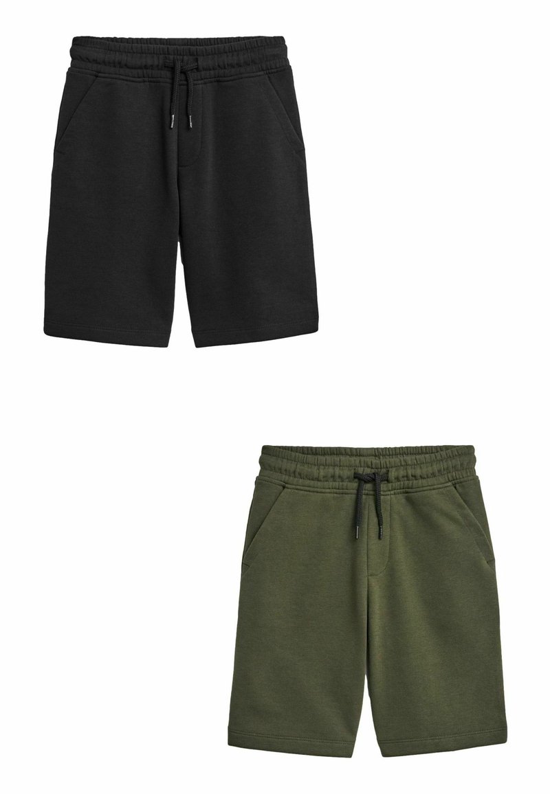 Zwarte en olijfgroene shorts gemaakt van zachte stof. Voorzien van een elastische tailleband met trekkoord en twee zijzakken. Rechte pasvorm.