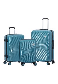 Three teal hard-shell suitcases with wavy textured patterns, telescopic handles, and four spinner wheels, arranged by size.