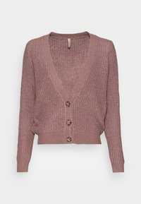 Mauve stickad cardigan med långa ärmar, V-ringning, tre sköldpaddsartade knappar och en strukturerad våffelmönster.