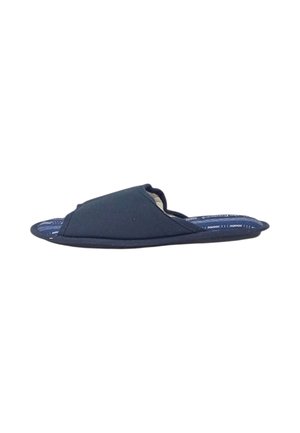 Pantofole singola blu navy aperta sulla punta con tomaia in tessuto morbido e soletta con motivo, mostrata di profilo su sfondo bianco.
