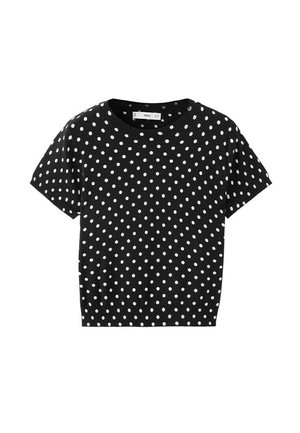 Czarny krótki sweterek z białymi kropkami i okrągłym dekoltem.