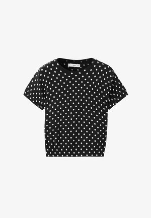 Črna pletena kratka majica z belimi pikicami in okroglim izrezom na vratu.