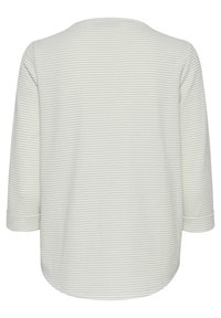 Helle, strukturierte Pullover mit Waffelmuster, Rundhalsausschnitt und Dreiviertelärmeln. Rückansicht zeigt eine lockere Passform.