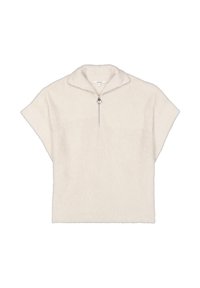Cream-colored short-sleeve fleece pullover with a standing collar and a front zipper featuring a round pull tab.