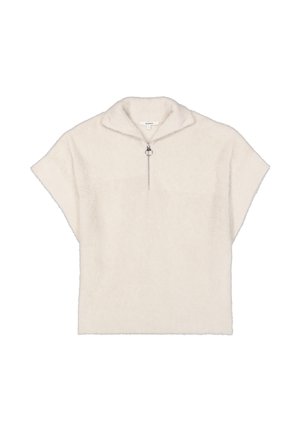 Cream-colored short-sleeve fleece pullover with a standing collar and a front zipper featuring a round pull tab.