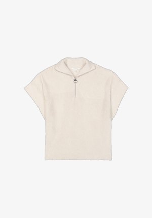 Cream-colored short-sleeve fleece pullover with a standing collar and a front zipper featuring a round pull tab.