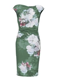 En tætsiddende knælang kjole i grøn stof med store pastelfarvede blomsterprints. Har korte ærmer og en glat, let struktureret overflade.