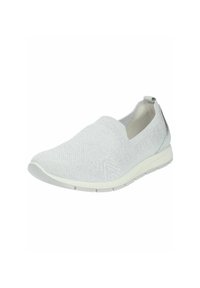 Light gray slip-on shoe with a textured woven upper, contrasting white rubber sole, and a low-profile design. Accented with a rear pull tab.