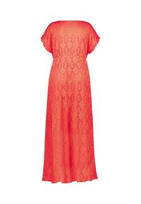 Lange, mouwloze jurk in fel rood met een kantontwerp met bloemmotieven, een ontspannen pasvorm en een getailleerde taille voor vormgeving.