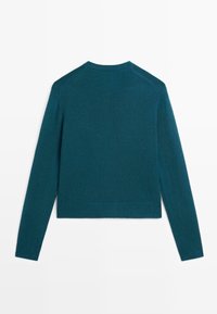 Maglione lavorato a maglia verde acqua con maniche lunghe, scollo rotondo, orlo e polsini a coste. Texture liscia con silhouette aderente.