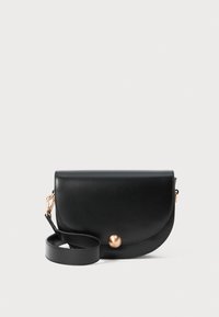 Black leather crossbody bag with rounded flap, gold hardware accent, and detachable strap. Smooth texture with minimal stitching detail.