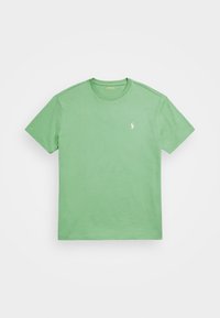 Zelené bavlněné tričko s kulatým výstřihem, krátkými rukávy a malým bílým vyšitým logem na levé hrudi. Hladká textura, jednoduchý design.