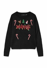 Juodas megztinis su spalvingomis, blizgančiomis kalėdinėmis dekoracijomis: elniais, kalėdine eglute, Kalėdų seneliu, saldainių lazdelėmis ir raudonais žodžiais „Merry“.