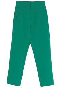 Pantaloni tagliati verdi con gamba dritta, dotati di due tasche laterali e una texture liscia. Pieghe frontali per un aspetto raffinato.