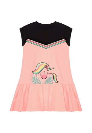 Abito senza maniche con top nero, gonna rosa, strisce a zigzag sul petto e un unicorno con criniera arcobaleno e fiore stampato sul davanti.