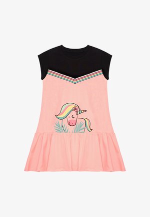 Hihaton mekko, jossa on musta yläosa, vaaleanpunainen hame, siksak-kuviot rinnassa ja edessä sateenkaarenvärinen yksisarvinen sekä kukka.