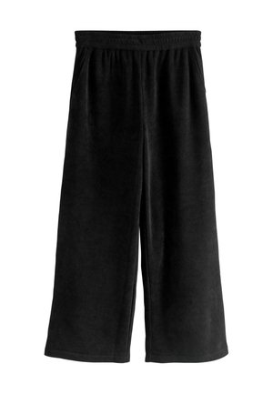 Zwarte wijde broek gemaakt van zacht, textuurstof met een elastische tailleband en zijzakken, met een rechte snit en een vloeiende uitstraling.