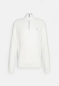 Weißer Reißverschluss-Pullover mit hohem Kragen, gerippten Bündchen und Saum, strukturiertem Stoff und kleinem Logo auf der linken Brust.