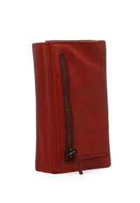 Red leather wallet with a zippered compartment and smooth texture. Vertically oriented design with stitched accents on the edges.