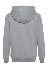 Grauer Hoodie mit einer Kordelzugkapuze, aus glattem Baumwollmischgewebe, mit gerippten Bündchen und Saum, der auf der Rückseite sauber und ohne zusätzliche Details ist.