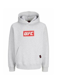 Hellgrau Hoodie mit einer Fronttasche und einem roten UFC-Logo mittig auf der Brust sowie einem kleinen UFC-Tag in der Nähe der Tasche.