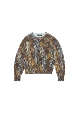 Sweter dzianinowy z teksturowanym, wielokolorowym wzorem w odcieniach brązu, beżu i niebieskiego. Okrągły dekolt i długie rękawy z krótkim krojem.