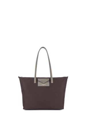 Sac cabas marron foncé avec de longues anses taupe et une petite poche avant taupe avec fermeture à rabat.