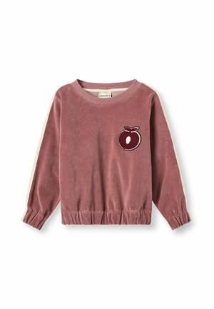 Sweat-shirt rose pour enfants à manches longues avec poignets et bas côtelés, rayures crème sur les manches et écusson pomme rouge sur la poitrine.