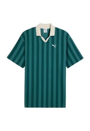 Zielono-turkusowa koszulka polo w pionowe paski na krótki rękaw z białym kołnierzykiem i logo Puma na lewej piersi.