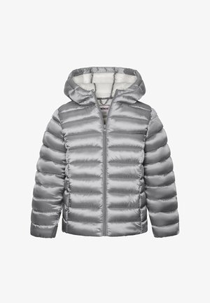 Silberne aufblasbare Jacke mit Kapuze, mit gestepptem Design, durchgehendem Reißverschluss und weicher Innenauskleidung.