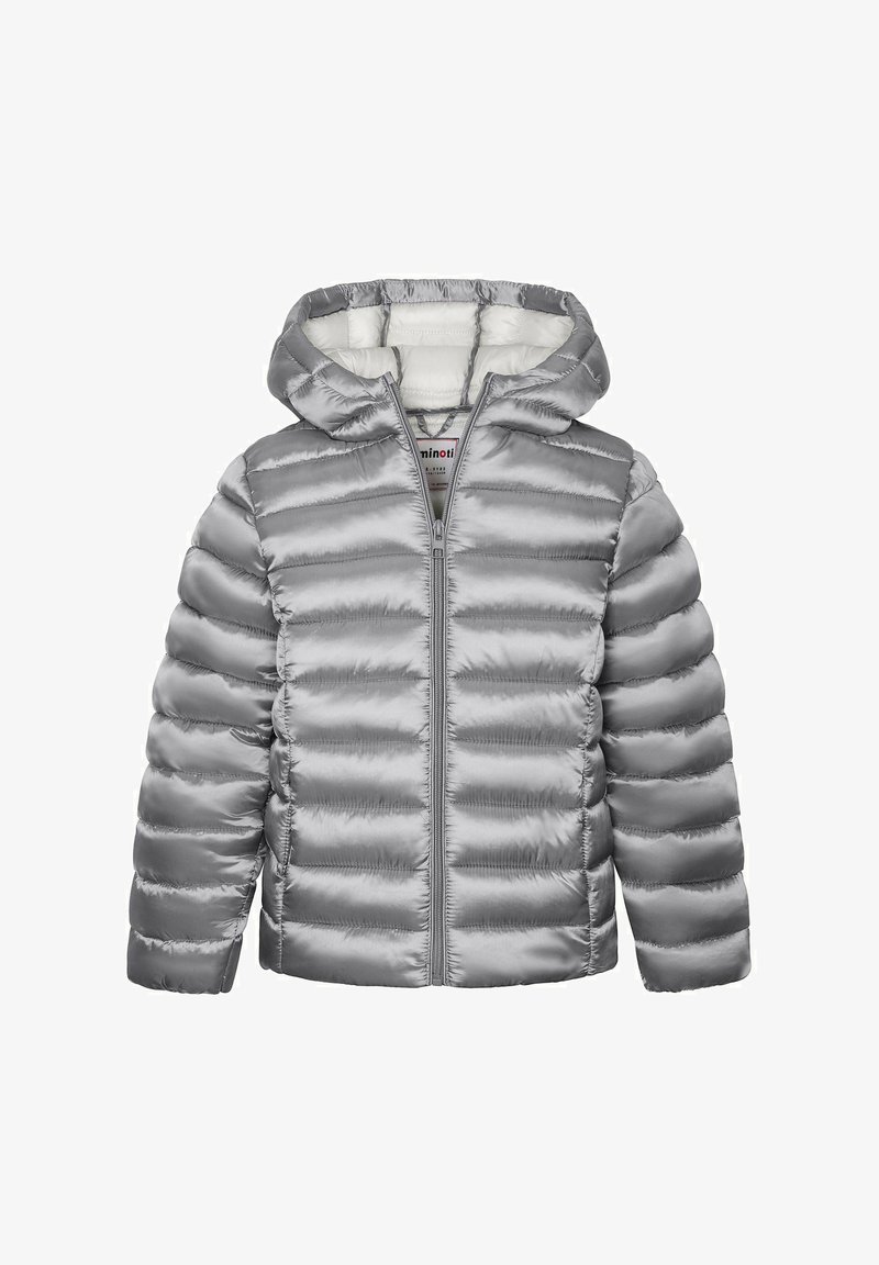 Sølv oppustelig jakke med hætte, med quiltet tekstur, fuld lynlås foran og blødt indvendigt for.