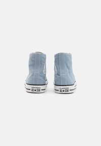 Jasnoniebieskie, płócienne sneakersy za kostkę z białymi sznurówkami, czarnymi gumowymi podeszwami oraz kultowym logo Converse All Star na pięcie i kostce.