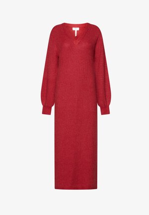 Robe longue en maille rouge avec un décolleté en V, des manches longues bouffantes et des poignets côtelés atteignant le milieu du mollet.