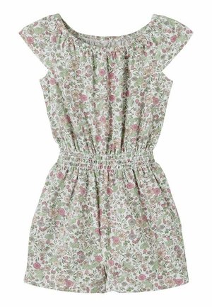 Combinaison courte à manches courtes pour filles avec taille élastique présentant de petites fleurs roses, vertes et beiges sur fond blanc.