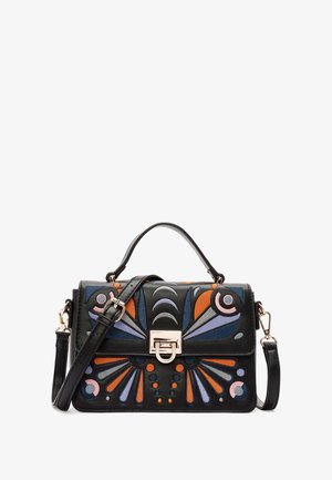 Black leather handbag with colorful floral embroidery, structured shape, top handle, and detachable shoulder strap. Gold-tone hardware accent.