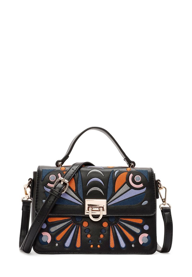 Zwarte leren handtas met kleurrijke bloemen borduursels, gestructureerde vorm, bovenhandvat en afneembare schouderband. Accenten in goudkleurig metaal.