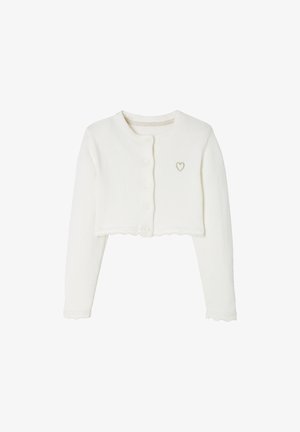 Weißes, kurzes Langarm-Cardigan mit Rundhalsausschnitt, Knopfverschluss, geschwungenen Kanten und kleinem gesticktem Herz auf der Brust.