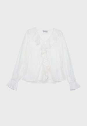 Bela bluza z dolgimi rokavi z teksturiranim cvetličnim vzorcem, nabranim sprednjim delom in razširjenimi manšetami. Mehka tkanina z udobnim krojem.