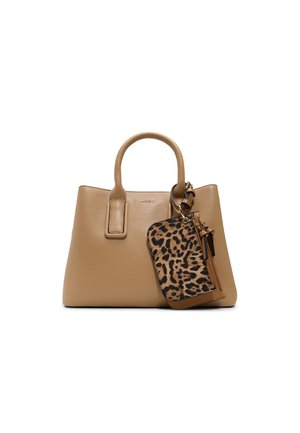 Tan leather handbag with structured design, two top handles, and a detachable leopard-print pouch featuring a zipper and gold accents.