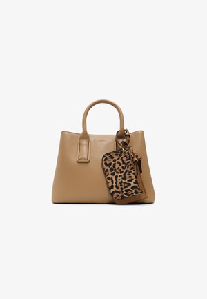 Tan leather handbag with structured design, two top handles, and a detachable leopard-print pouch featuring a zipper and gold accents.