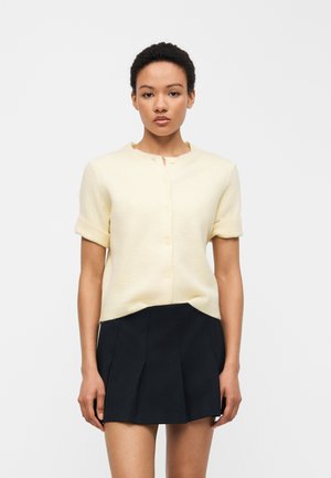 Mladá osoba s krátkymi kučeravými vlasmi, oblečená v bledozelenom kardigáne s krátkym rukávom a čiernej plisovanej mini sukni na jednoduchom pozadí.