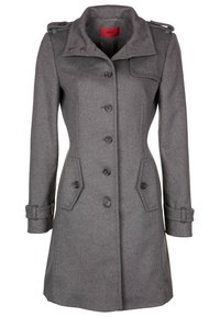 Harmaa villakangastakki, jossa on jäsennelty muoto, kaksirivinen napitus, suuret taskut ja säädettävät hihansuun tarranauhat.