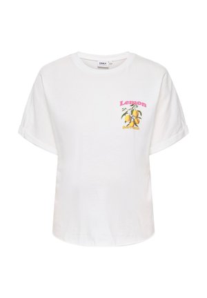 T-shirt blanc à manches courtes avec revers roulés, avec un petit motif d'une branche de citronnier et les mots « Lemon Sorrento » sur la poitrine.