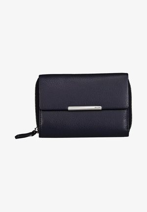 Portafoglio in pelle blu navy con finitura testurizzata, accentuato da hardware argentato, chiusura con zip e design a busta per la conservazione di carte e contanti.