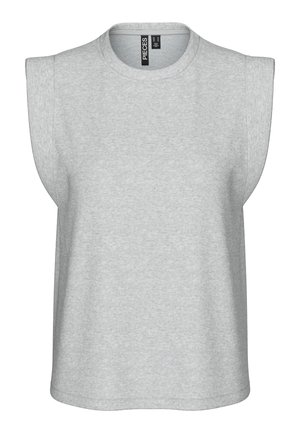 Top sans manches tricoté gris clair avec épaules rembourrées et col rond, étiqueté "PIECES" à l’intérieur du col.
