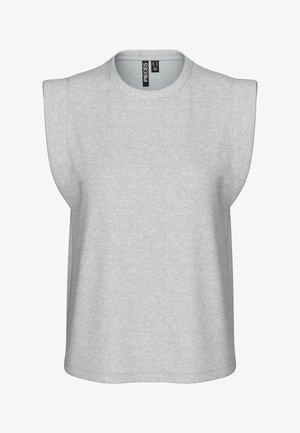 Hellgraues ärmelloses Stricktop mit gepolsterten Schultern und rundem Ausschnitt, mit der Aufschrift "PIECES" innen im Kragen.