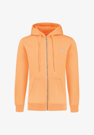 Oranger Reißverschluss-Hoodie aus weichem Material, mit einer Kordelzugkapuze, Fronttaschen und einem kleinen Logo-Akzent auf der Brust.