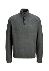 Gray ribbed knit sweater with a high collar, four black buttons, and a small logo on the chest. Features long, fitted sleeves.