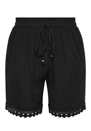 Black shorts made of lightweight fabric with an elastic waistband and drawstring. Features a scalloped lace trim at the hem.